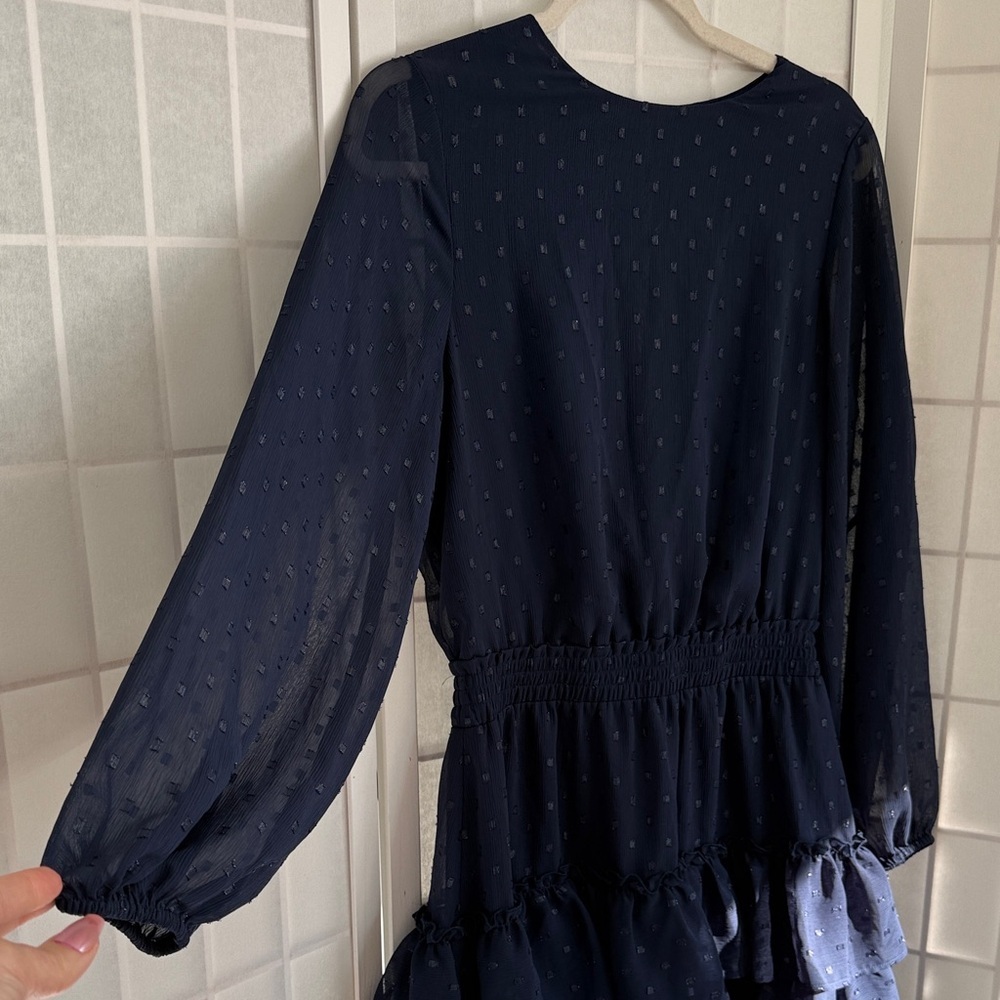 Express Clip Dot Tiered Smocked Waist Navy Dress - Picture 2 of 5